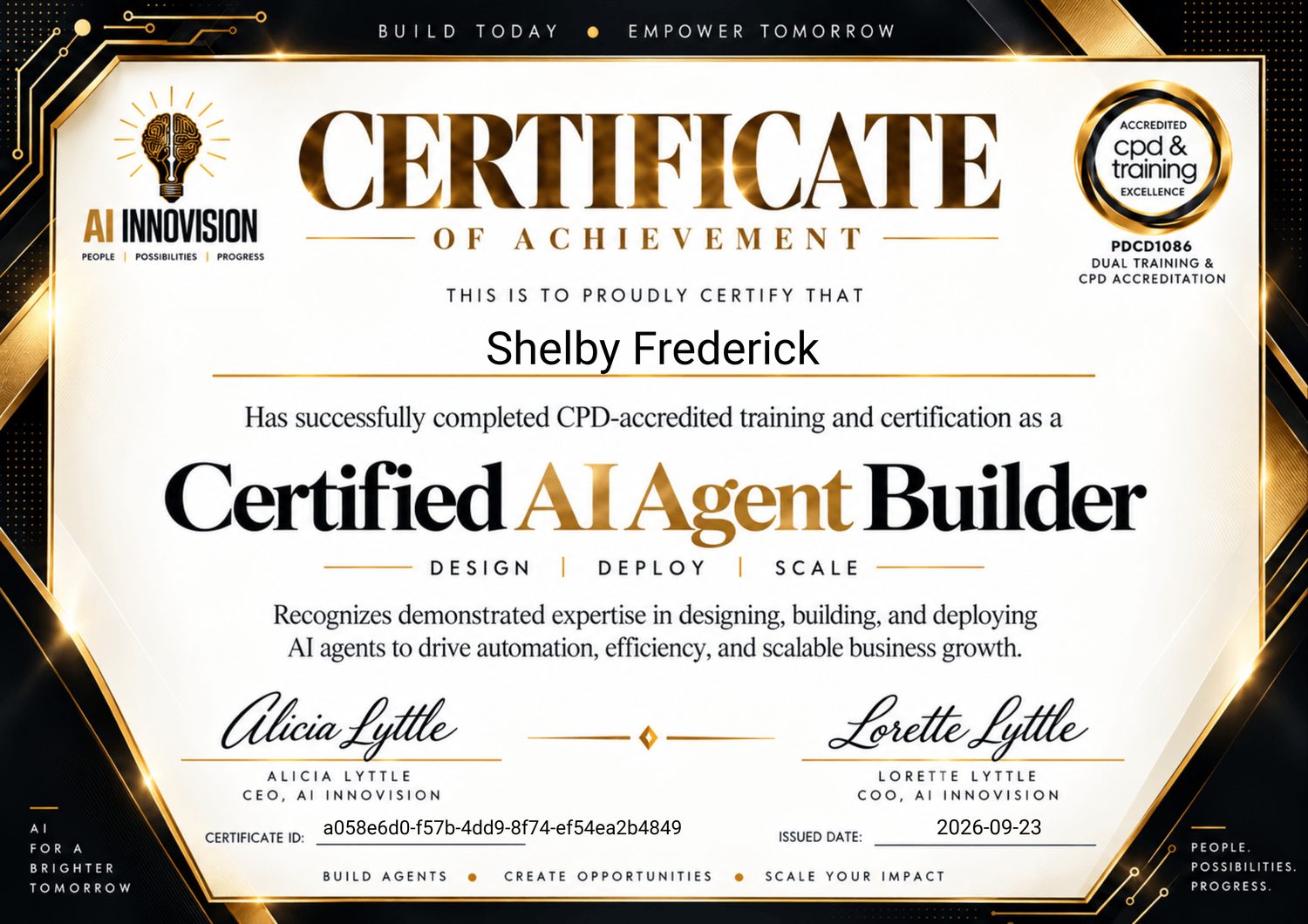 Certificate of Achievement: Certified AI Agent Builder, issued to Shelby Frederick by AI InnoVision, September 23, 2026