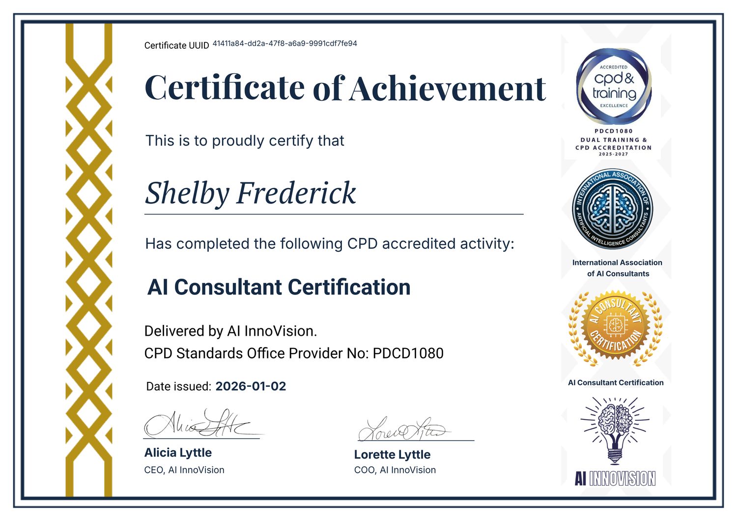 Certificate of Achievement: AI Consultant Certification, issued to Shelby Frederick by AI InnoVision, January 2, 2026